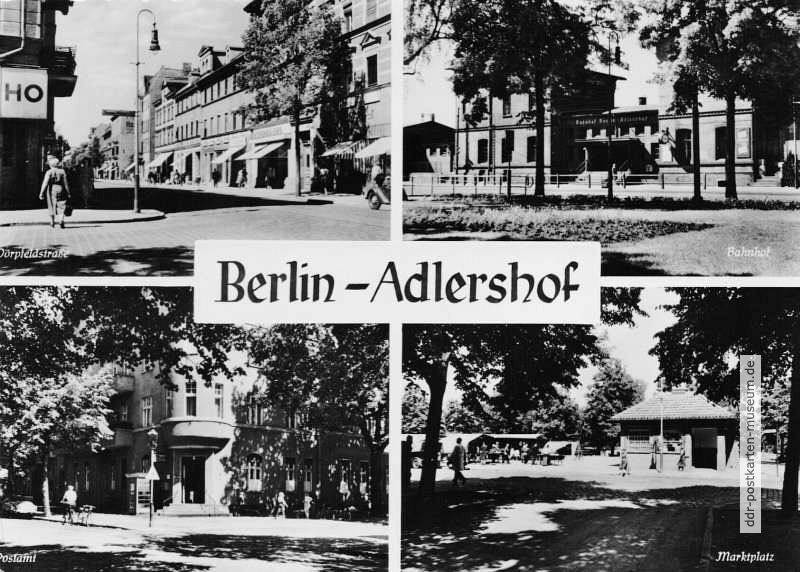 Berlin-Adlershof mit Dörpfeldstraße, S-Bahnhof, Postamt und Marktplatz - 1960