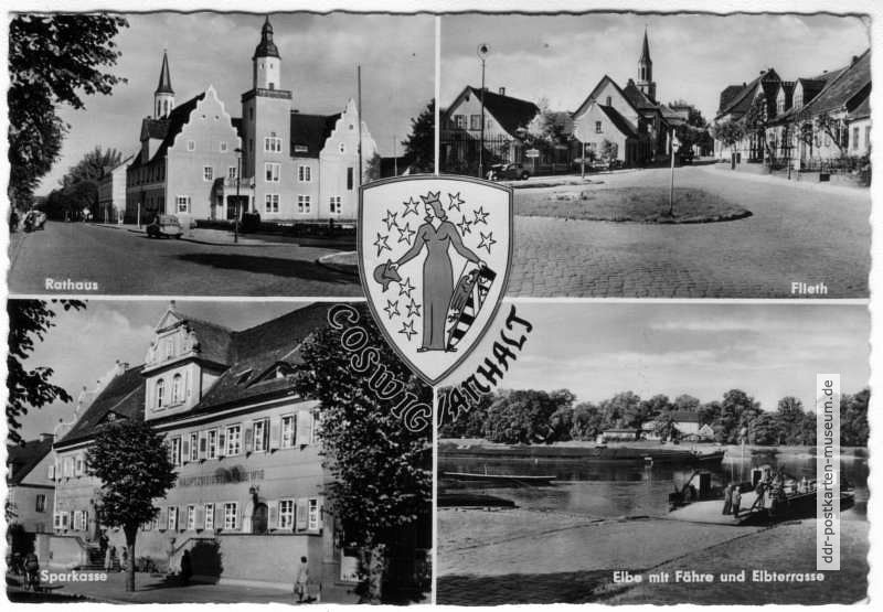 Rathaus, Flieth, Sparkasse, Elbe mit Fähre und Elbterrasse - 1962