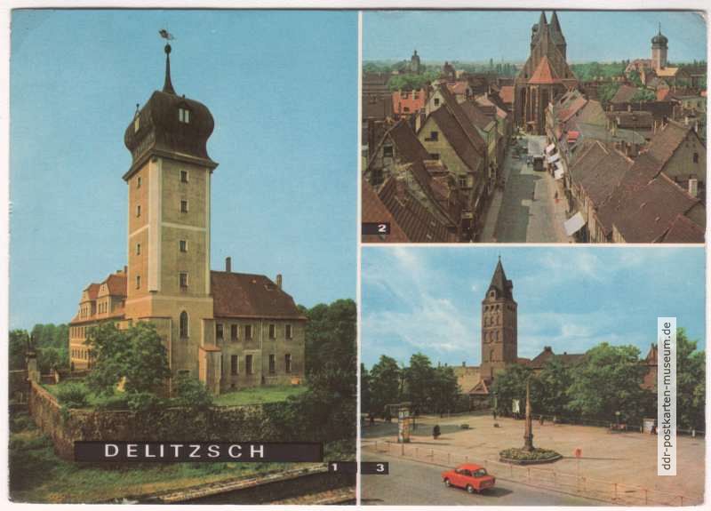 Ehemaliges Schloß (Heimatmuseum), Blick vom Breiten Turm, Breiter Turm und Postsäule - 1968