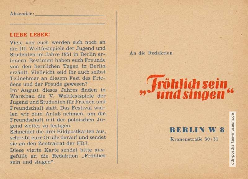 Drucksache für Antwort an Redaktion der Kinderzeitschrift "Fröhlich sein und singen" - 1954-Froesi-1
