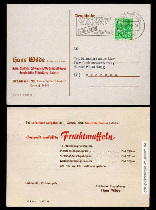 Drucksache mit Produktoffeerte "Fruchtwaffeln" der Firma Hans Wilde in Dresden - 1956