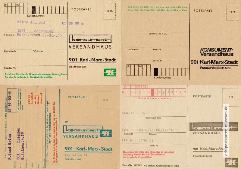 Drucksachen als Bestellkarte vom "Konsument"-Versandhaus in Karl-Marx-Stadt - 1966 / 1969 / 1972 / 1974