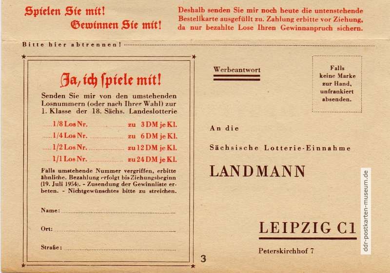Drucksache als Werbeantwort an Lotterieeinnahme Landmann in Leipzig - 1954-Landmann-1