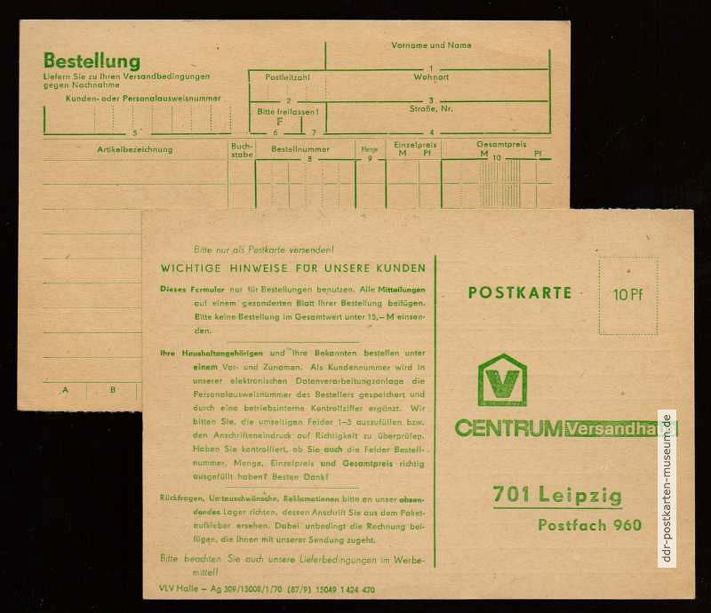 Drucksache als Bestellkarte vom CENTRUM-Versandhaus in Leipzig - 1970
