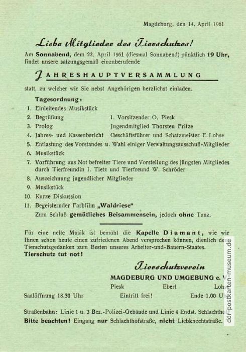 Rückseite von Drucksache des Tierschutzverein in Magdeburg mit Terminbenachrichtigung - 1961