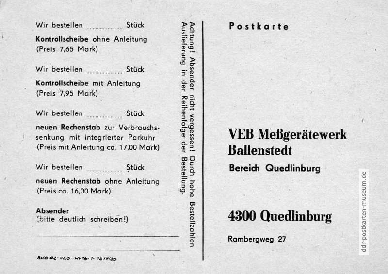 Drucksache als Bestellkate an den VEB Meßgerätewerk Ballenstedt - 1985
