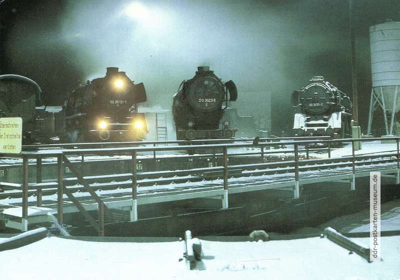 Dampfloks der Baureihe 50 im Bahnbetriebswerk Plauen - 1990