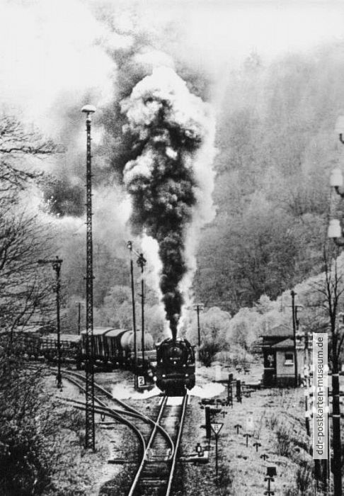 Dampflok 50 1304-1 mit Güterzug bei der Ausfahrt aus Elsterberg - 1985