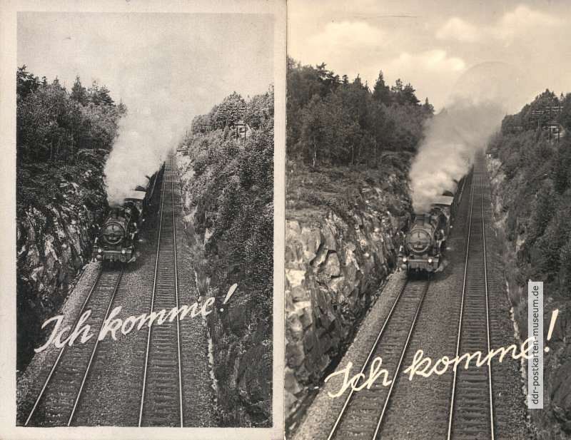 Eisenbahn-Grußkarte mit Kleinbahn im Erzgebirge von 1950 und 1960