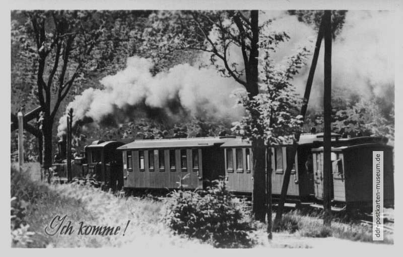 Eisenbahn-Grußkarte mit Kleinbahn im Erzgebirge - 1953
