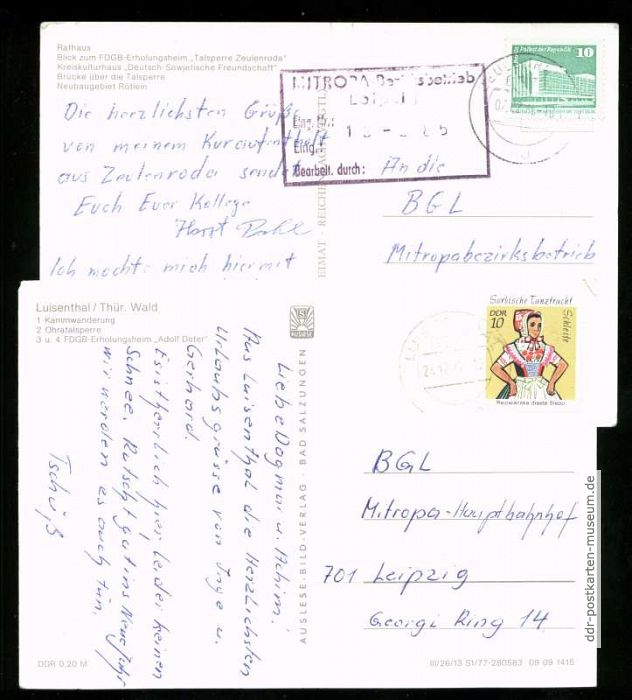 Postkarten an die BGL (Betriebs-Gewerkschafts-Leitung) der Mitropa Leipzig 1985