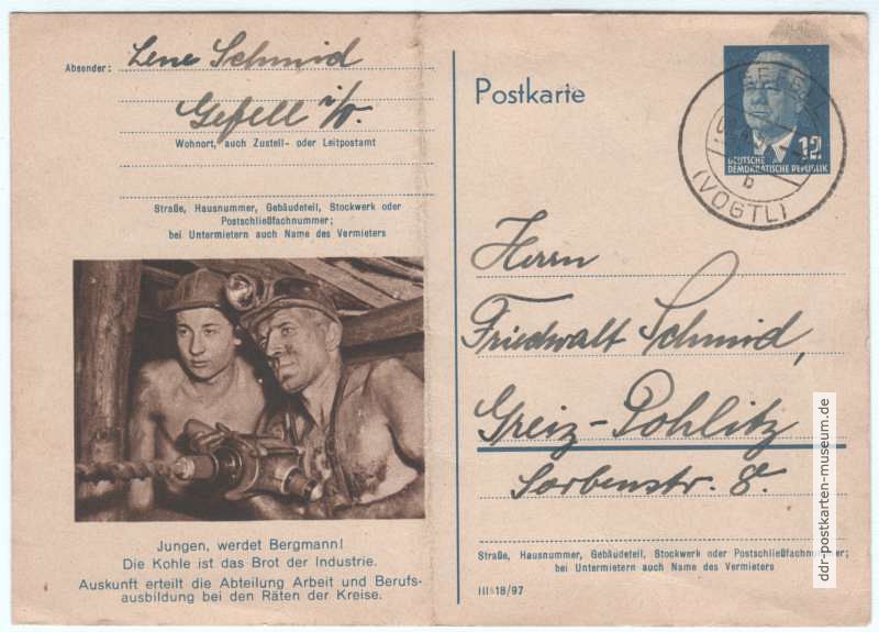 Ganzsache P 56/01 aus Serie von 1954 - 12 Pfennig Wilhelm Pieck, Motiv: Beruf des Bergmanns