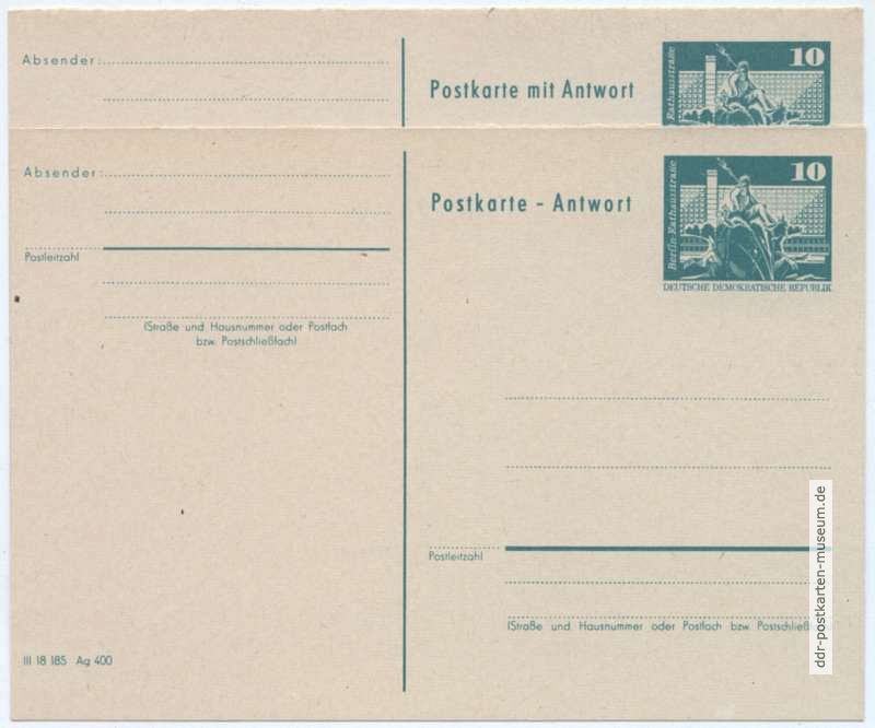 Ganzsache P 81 mit Frage- und Antwortkarte von 1973 - 10 Pfennig aus Dauerserie, Neptunbrunnen