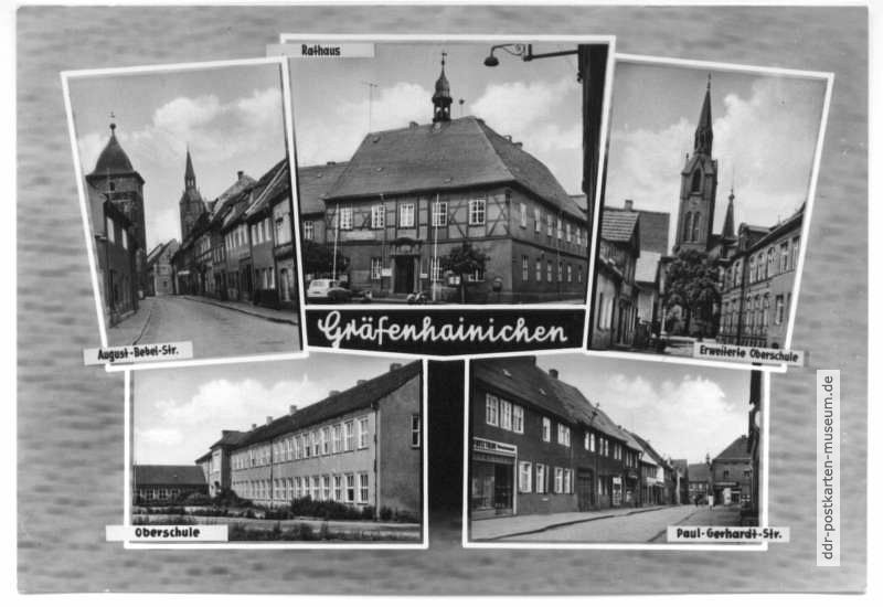 August-Bebel-Straße, Rathaus, Kirche, Oberschule, Paul-Gerhardt-Straße - 1966