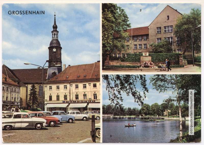 Karl-Marx-Platz mit Marienkirche, VVN-Gedenkstätte und Berufsschule, Gondelteich - 1975