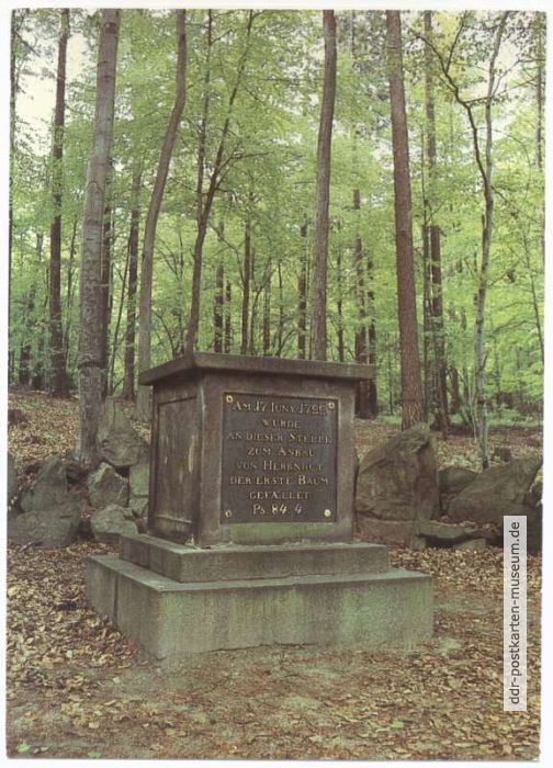 Gedenkstein für erste Baumfällung im Jahre 1722 - 1989