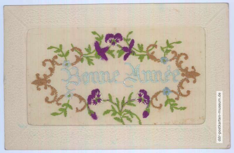 Französische Neujahrs-Grußkarte mit Textilaufsatz "Bonne Annee", um 1900