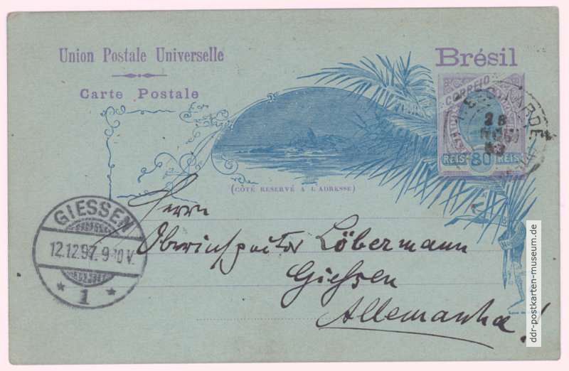 Ganzsachen-Postkarte mit Ansicht von Rio de Janeiro (Zuckerhut) um 1895