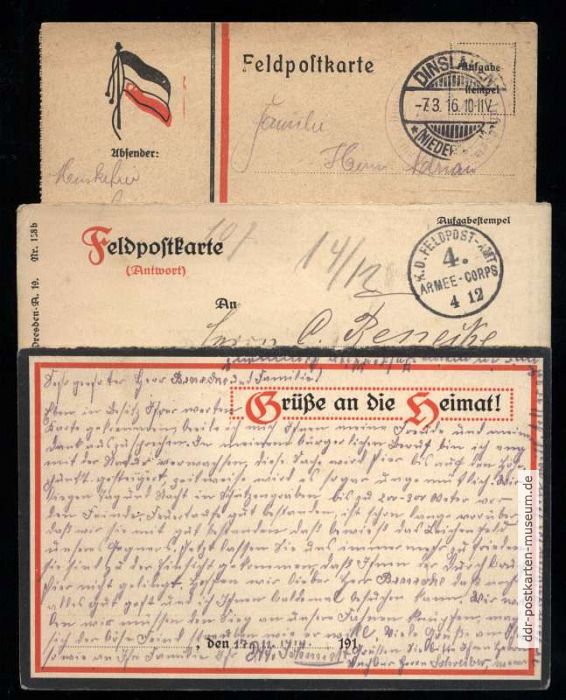 Typische Feldpostkarten für Frontsoldaten an die Heimat - 1914-1916