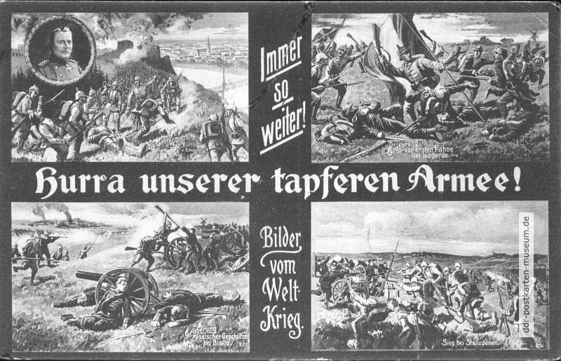 "Kriegs-Postkarte" mit Bildern vom Weltkrieg und Durchhalteparolen - 1915