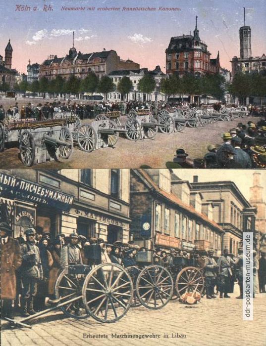 Deutsche Postkarten aus Libau und Köln mit erbeutetem Kriegsgerät - 1916 