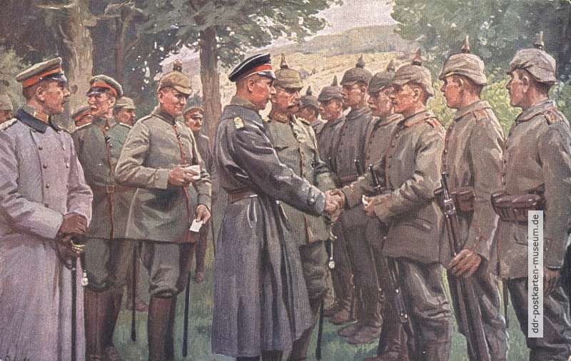 Wohlfahrts-Karte mit Gemälde "Unser Kronprinz in den Argonnen, Eiserne Kreuze verteilend" - 1915