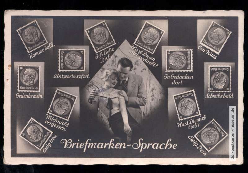 Fotopostkarte "Briefmarken-Sprache" mit Hindenburg-Marken - 1933