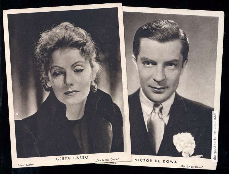 Künstlerpostkarten zum Film "Die junge Dame", Greta Garbo und Victor De Kowa - 1935