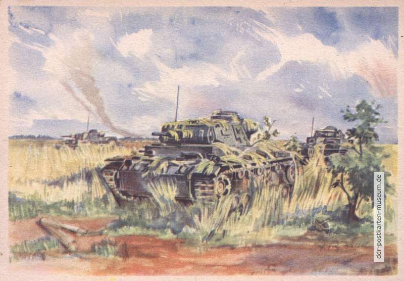 WK II: Kriegskarte mit Aquarell "Getarnte Panzer" von Kriegsberichter Hensel - 1943