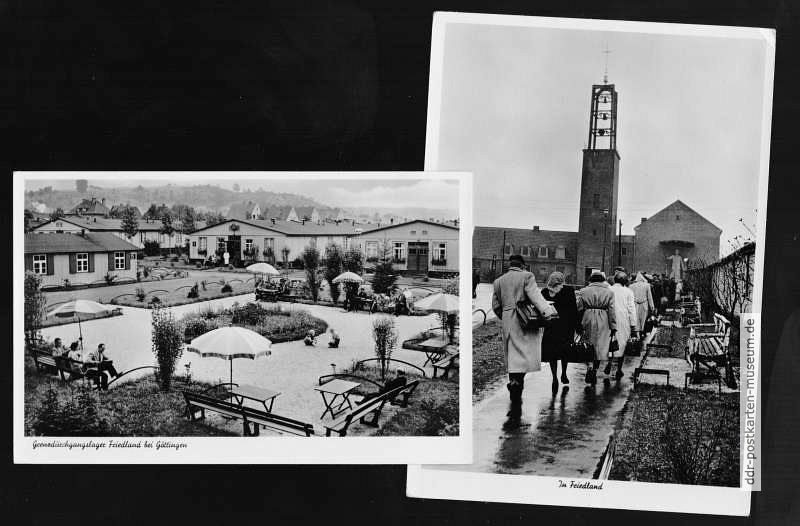 Grenzdurchgangslager für DDR-Flüchtlinge in Friedland mit Glockenturm und Wohnbaracken - um 1955
