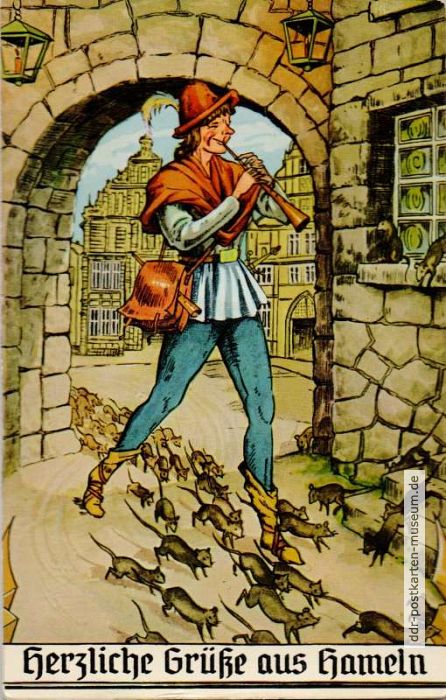 Postkarte "Rattenfänger von Hameln" mit eingearbeiteter Quietschblase - 1960