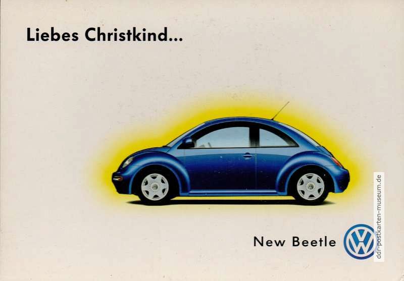 Weihnachtsgrußpostkarte mit Werbung für den "New Beetle" von VW - 1999