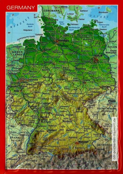 Geo-Reliefkarte der Bundesrepublik Deutschland von 2018 mit Prägedruck