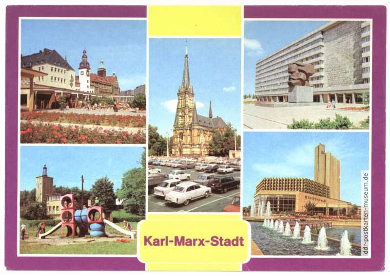 Rathaus, Küchwaldpark, Petrikirche, Karl-Marx-Monument, Stadthalle - 1980