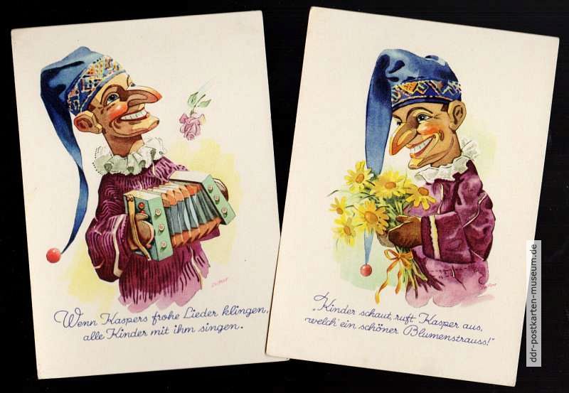 Reklamekarten von "Die Pirnaer", künstlerische Handpuppenspiele mit Kasperle - 1946