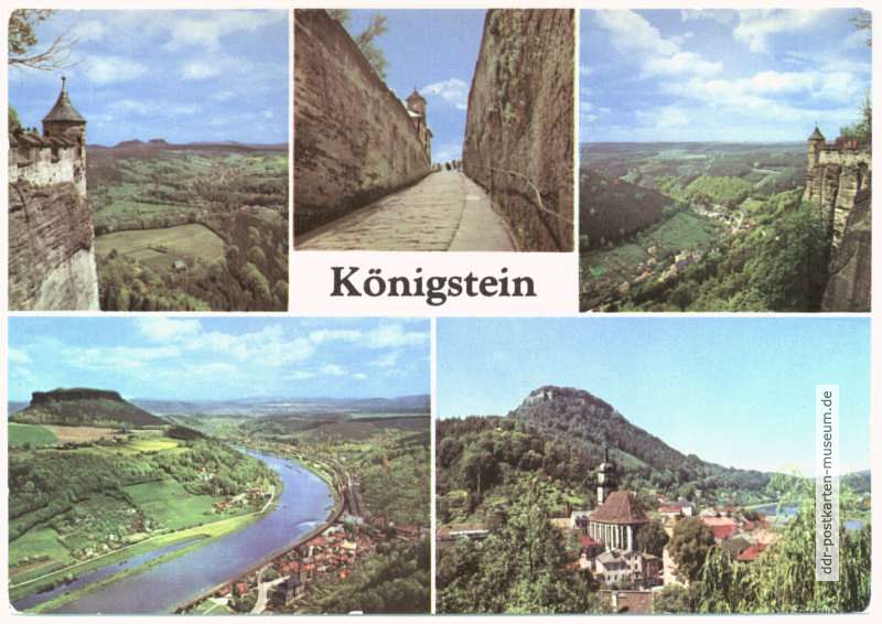 Blick vom Königstein, Festungsaufgang, Blick ins Bielatal, Elbe und Lilienstein, Stadt und Festung - 1978