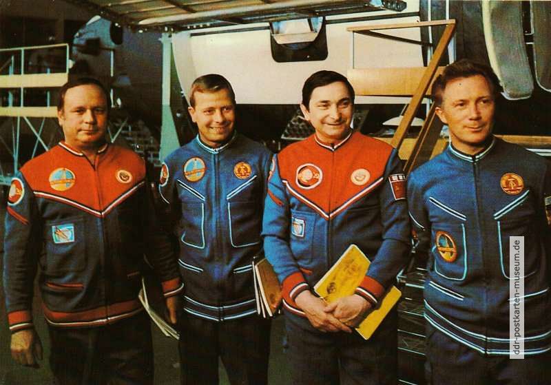 Gemeinsamer Kosmosflug UdSSR / DDR, von rechts Sigmund Jähn, Waleri Bykowski, Eberhard Köllner und Viktor Gorbatko - 1978