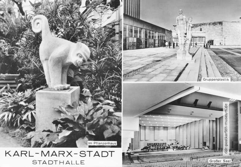 Plastiken im Pflanzenhaus und vor der Stadthalle in Karl-Marx-Stadt - 1977
