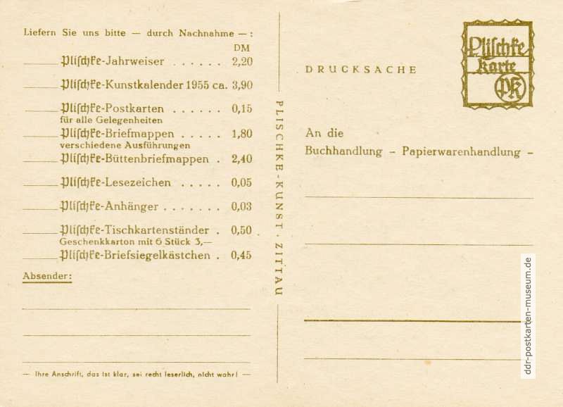 Rückseite mit Bestelliste für Plischke-Produkte als Drucksache - um 1960