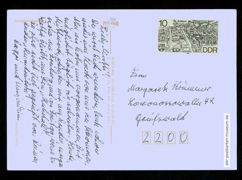 Text, Adresse und Briefmarke alles korrekt, nur die Post in Dresden vergaß zu stempeln und in Greifswald nachträglich zu entwerten - 1987