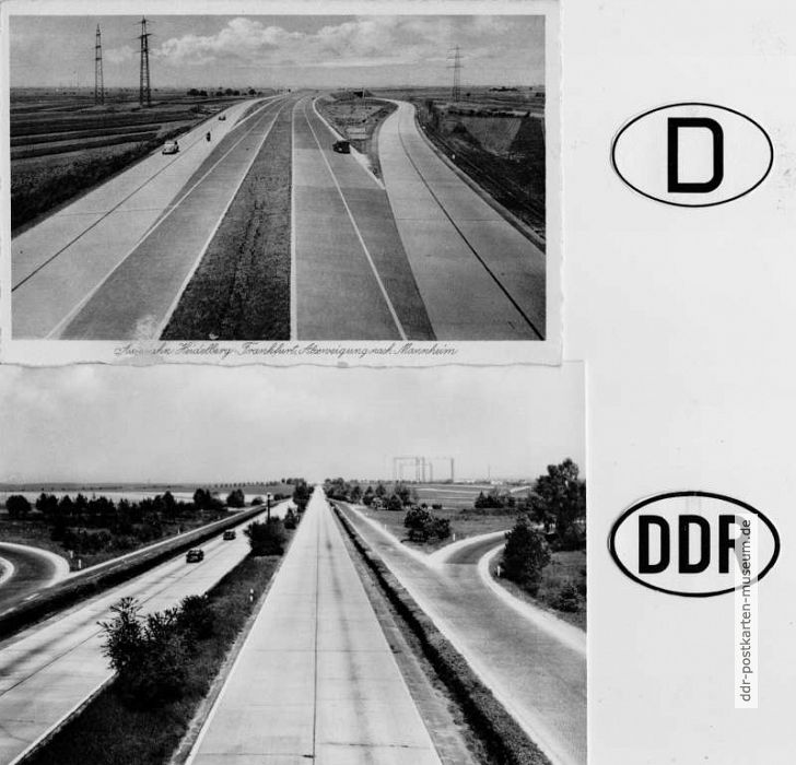 Autobahn Heidelberg-Frankfurt/Main mit Abzweig Mannheim / Transitautobahn am Hermsdorfer Kreuz Richtung Berlin - 1960 / 1974