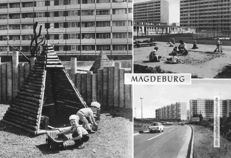Spielplatz und Kinderkrippe im Komplex, Abfahrt vom Magdeburger Ring - 1977 / 1978