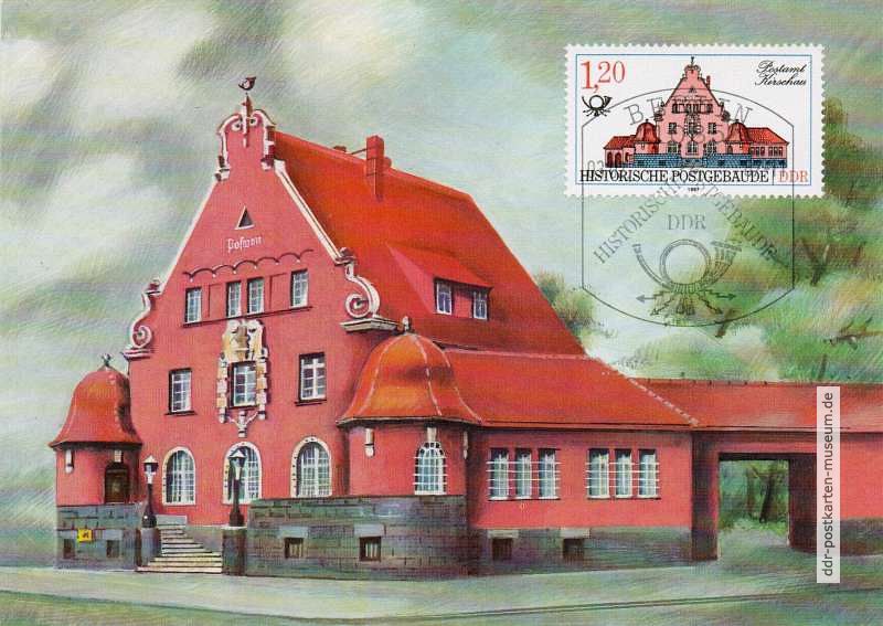 Maximumkarte "Historische Postgebäude" mit Postamt Kirschau - 1986