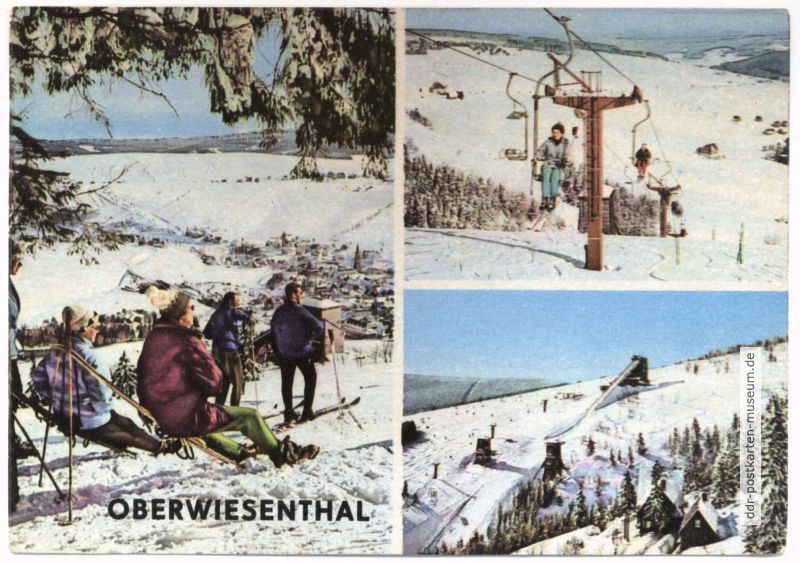 Blick auf Oberwiesenthal, Sessellift, Sprungschanze - 1968