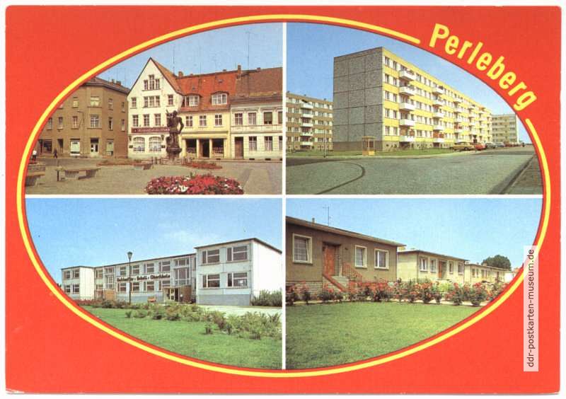 Großer Markt, Neubauten Heinrich-Heine-Straße, Oberschule, Reihenhäuser Dergenthiner Straße - 1980