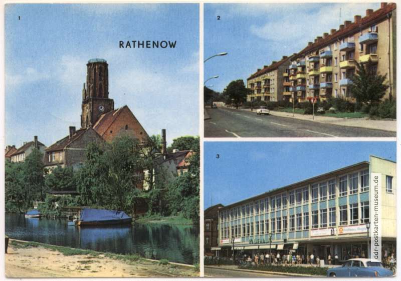 Blick über die Havel zur Marien-Andreas-Kirche, Neubauten Leninallee, HO-Kaufhaus "Magnet" - 1971