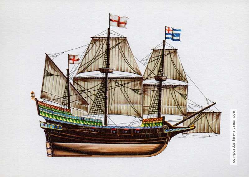 Fregatte "Golden Hind" des Piraten Francis Drake um 1570 aus Kartenserie "Historische Schiffe I" - 1977/1983