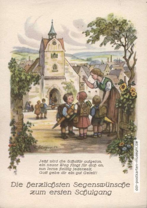 Postkarte mit Segenswünsche zum ersten Schulgang von 1955 - Wartburg-Verlag