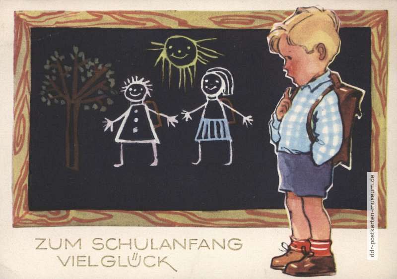Glückwunschkarte zum Schulanfang von 1962 - Planet-Verlag