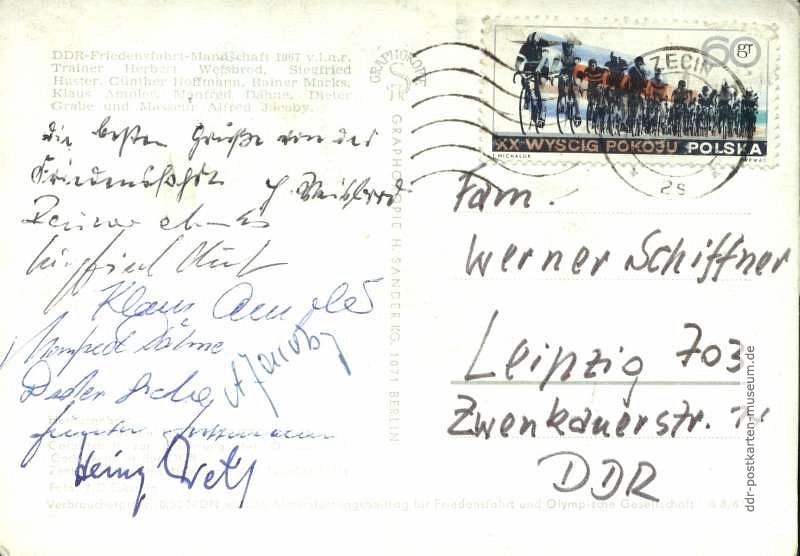 Rückseite mit den Unterschriften der DDR-Fahrer der Friedensfahrt 1967